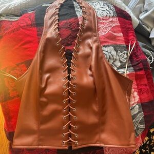 AKIRA Tan Lace-Up Faux Leather Vest